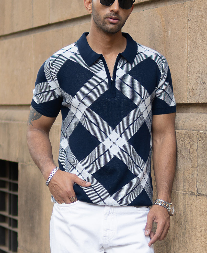 Navy Knitted Checks Structured T-Shirt