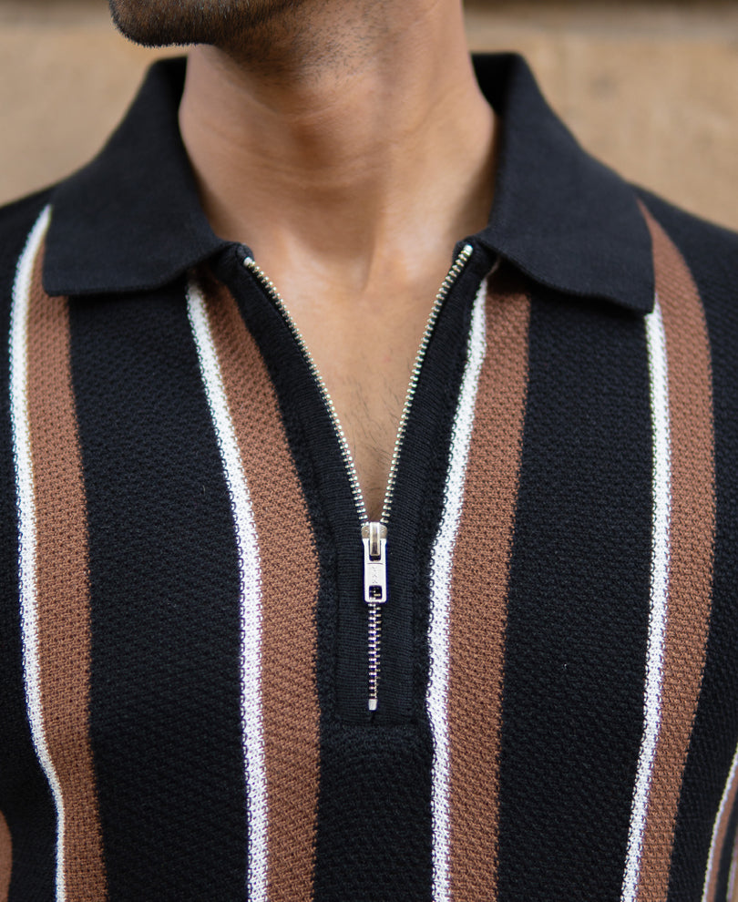 Multicolour Knitted Stripe Zipper T-Shirt