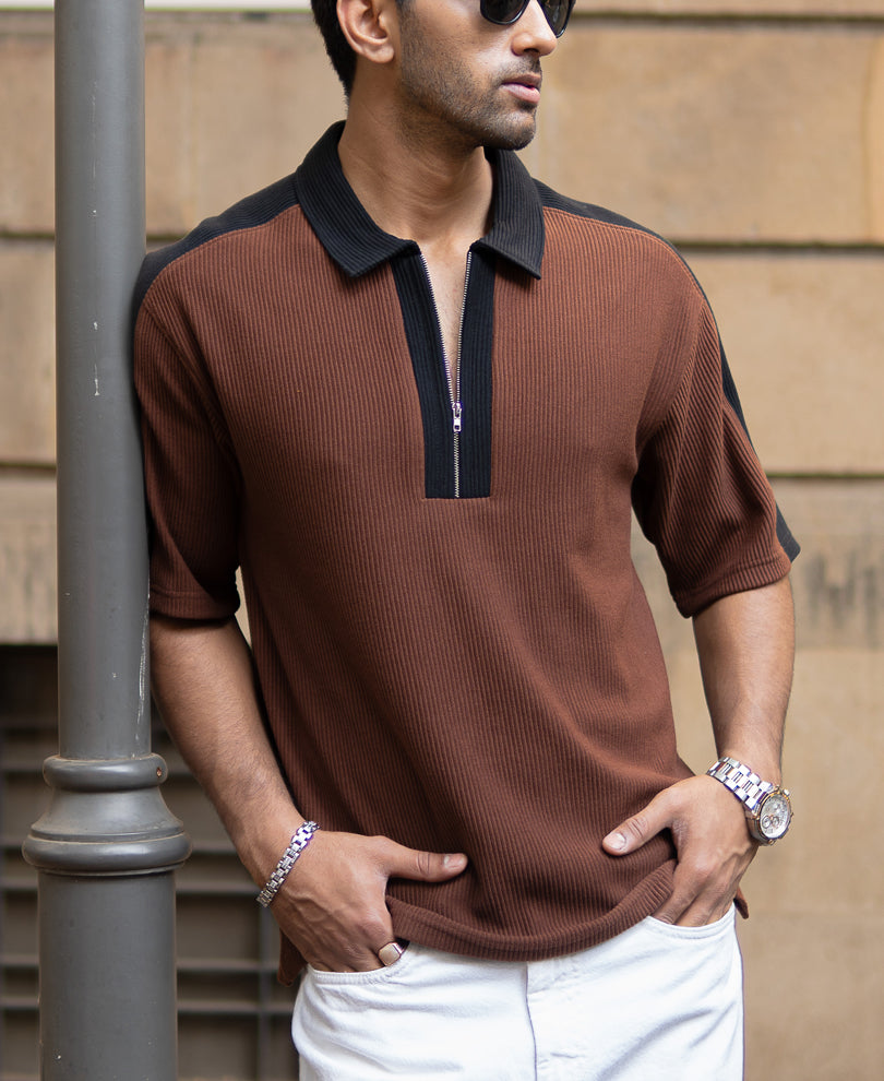 Brown And Black Colourblock T-Shirt