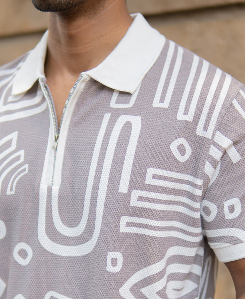 Grey Contrast Printed Polo T-Shirt