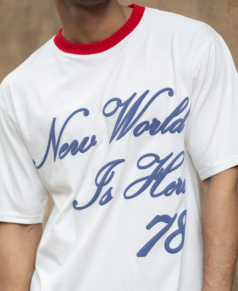 White Contrast Neck Graphic T-Shirt