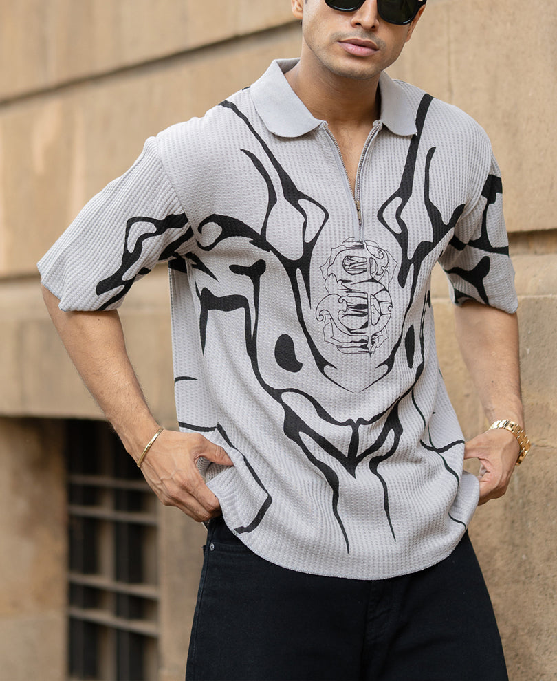 Grey Structured Print Polo T-Shirt