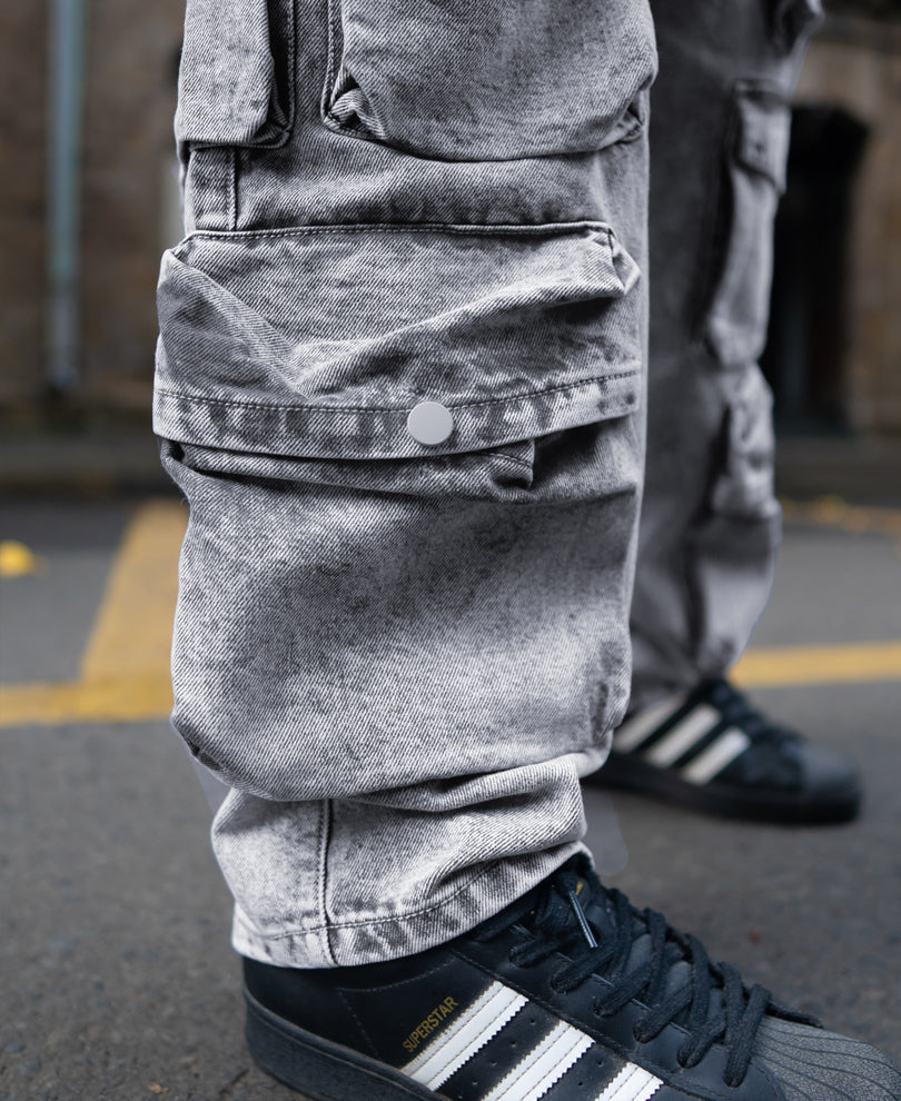 Grey Multi Pockets Baggy Fit Cargo Denim Jeans