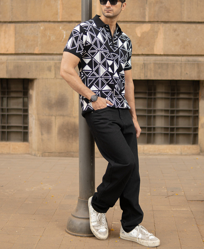 Black Geometric Knit Polo T-Shirt