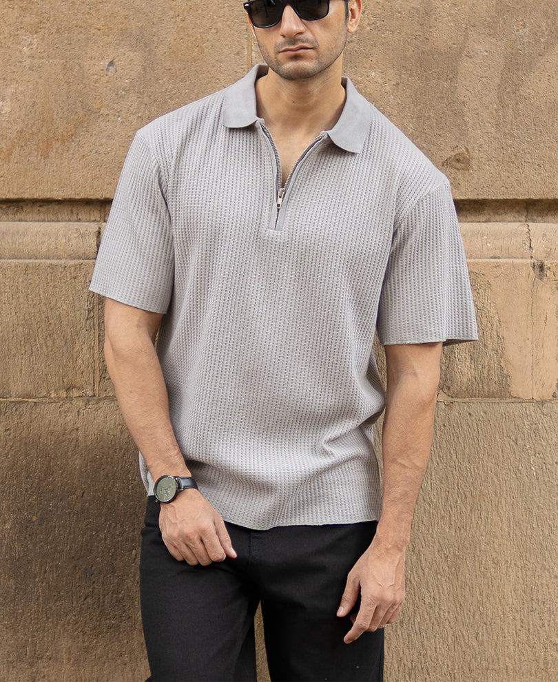 Grey Structured Zipper Polo T-Shirt