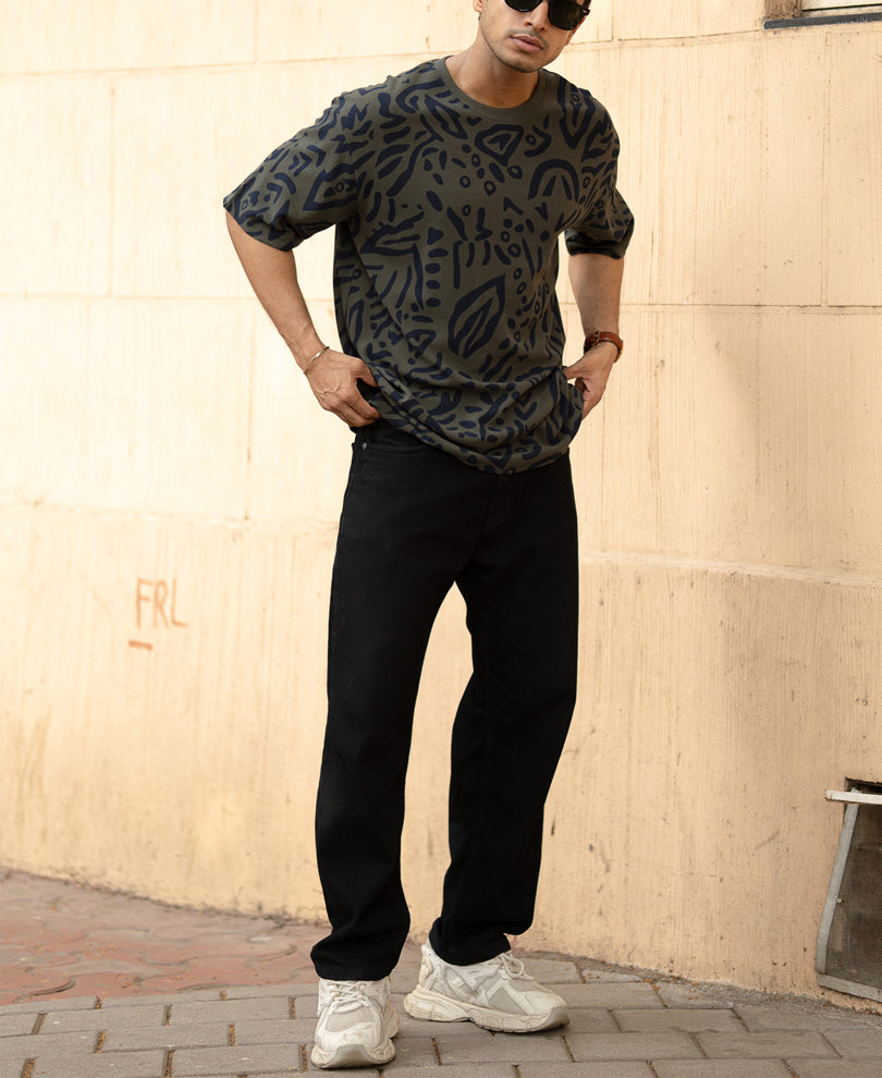 Olive Abstract Leaf Printed T-Shirt
