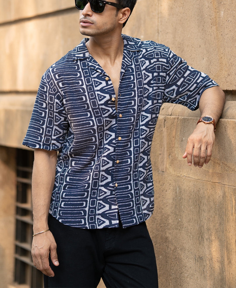 Navy Ethnic Print Shirt
