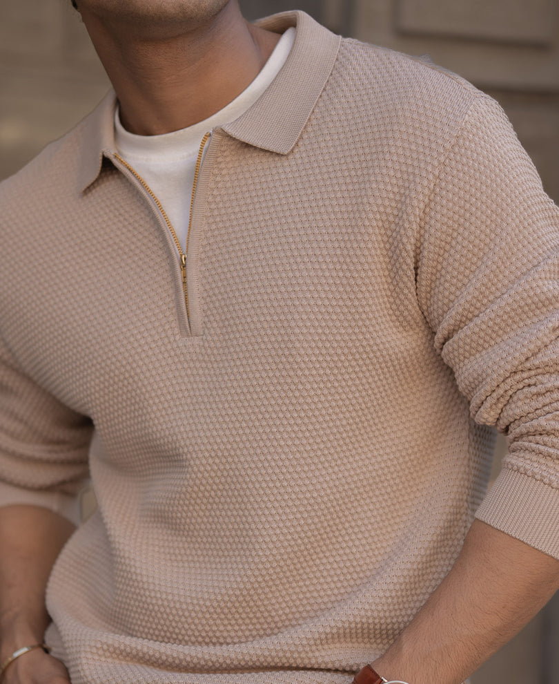 Beige Regular Fit Full Sleeves Structured T-Shirt