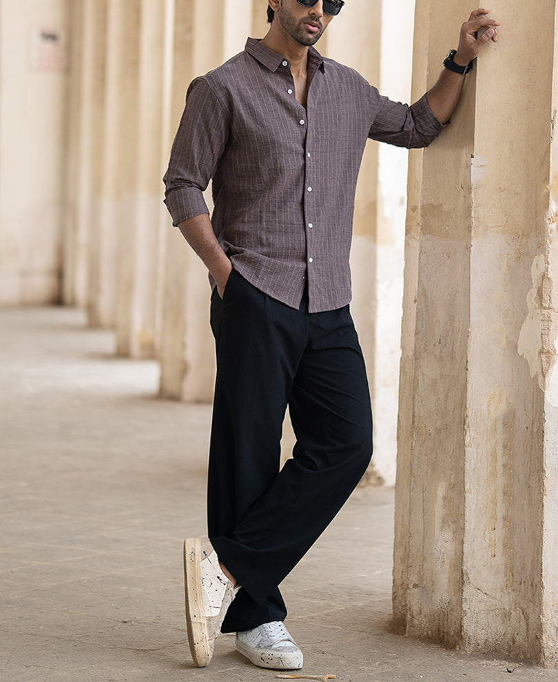 Brown Striped Flowy Regular Fit Shirt
