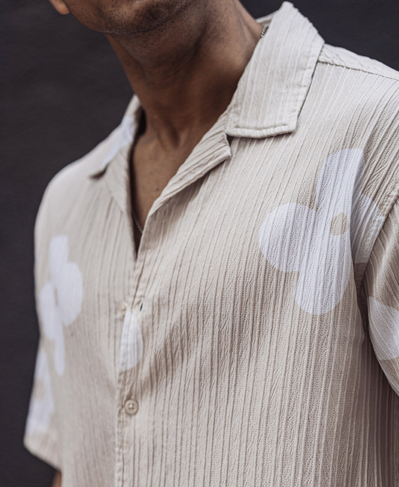 Light Cream Structured Printed Oversized Half Sleeves Shirt