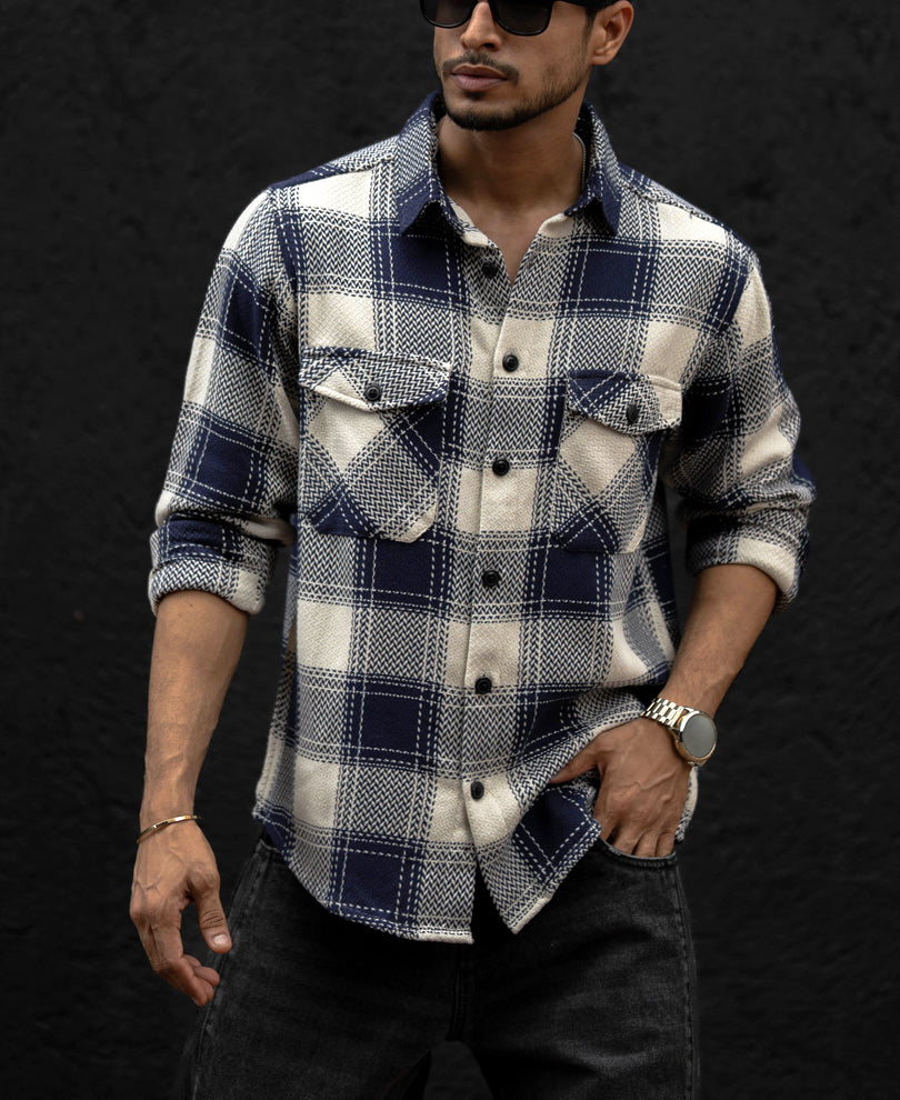 Navy Blue Regular Fit Checked Full Sleeves Shirt