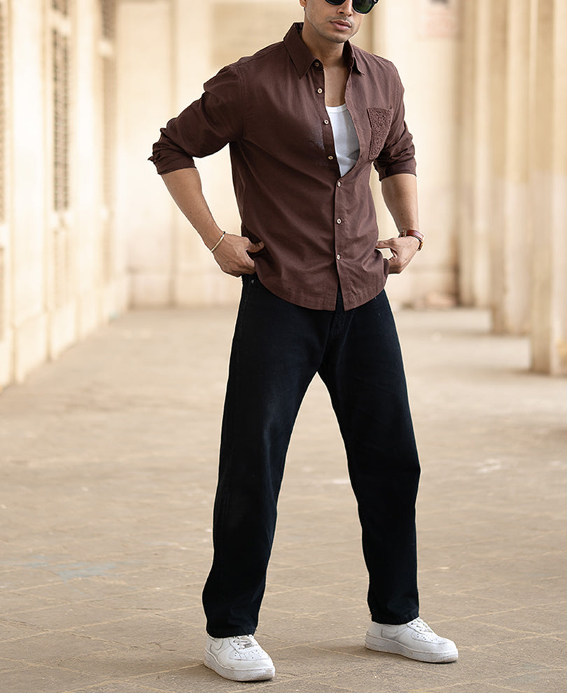 Brown Full Sleeves Regular Fit Linen Shirt