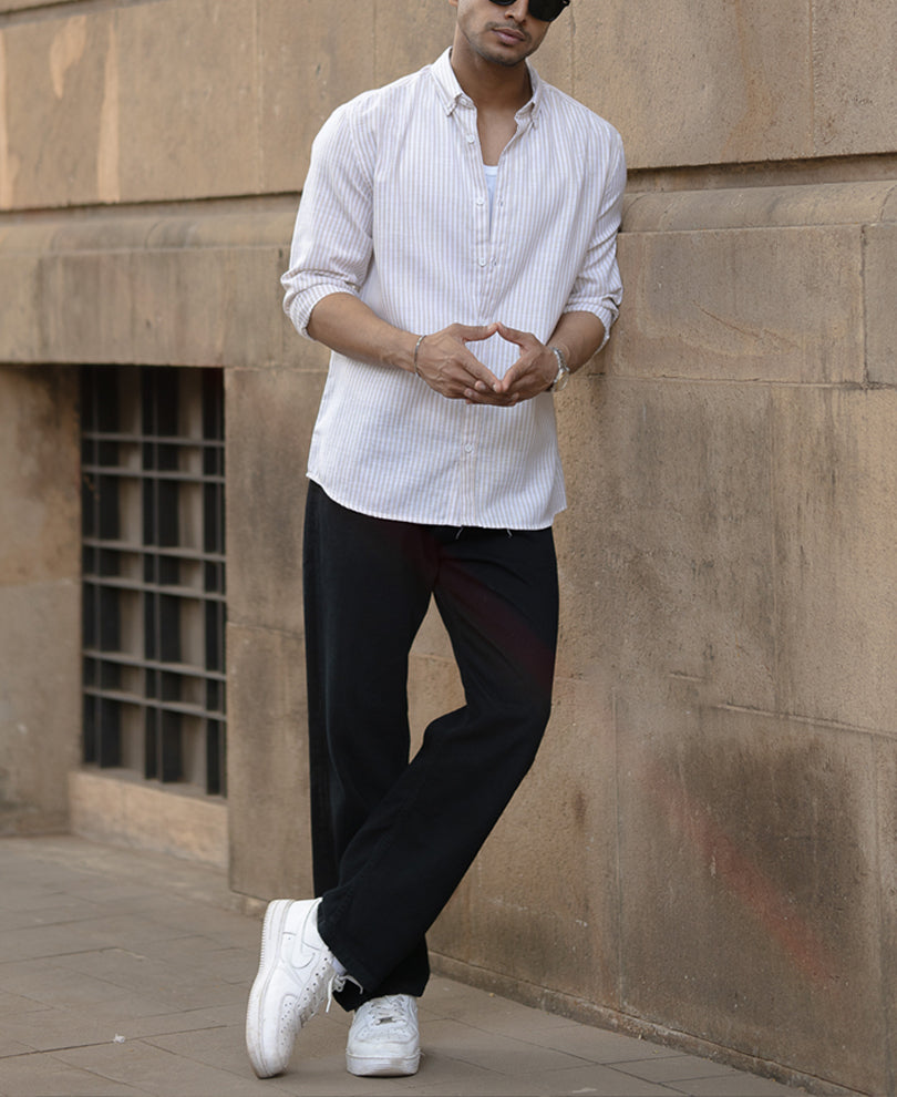 Cream And White Stripes Regular Fit Full Sleeves Shirt