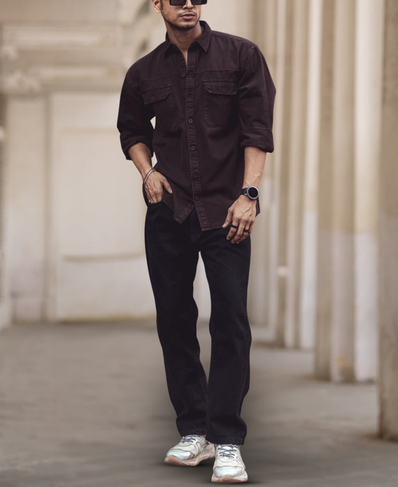 Dark Brown Denim Shacket Full Sleeves Shirt