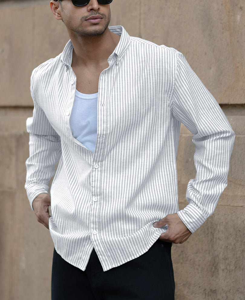 Light Grey Stripes Full Sleeves Regular Fit Shirt