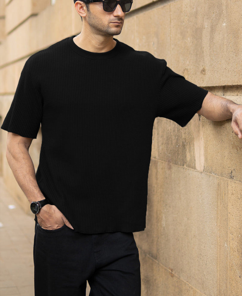 Black Structured Oversized Half Sleeves T Shirt