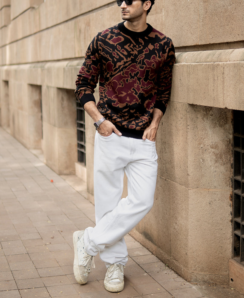Black Abstract Jacquard Cotton Sweater