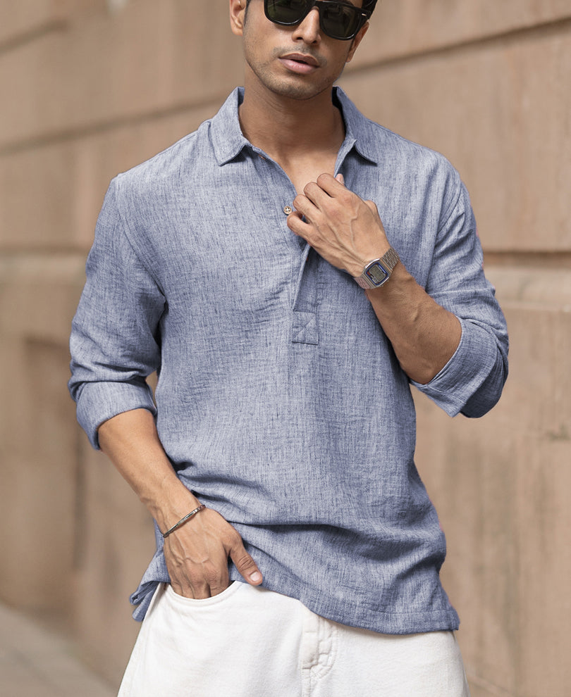 Blue Slub Kurta Shirt
