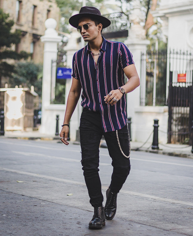 Navy Blue and Red Vertical Stripes Half Sleeves Shirt