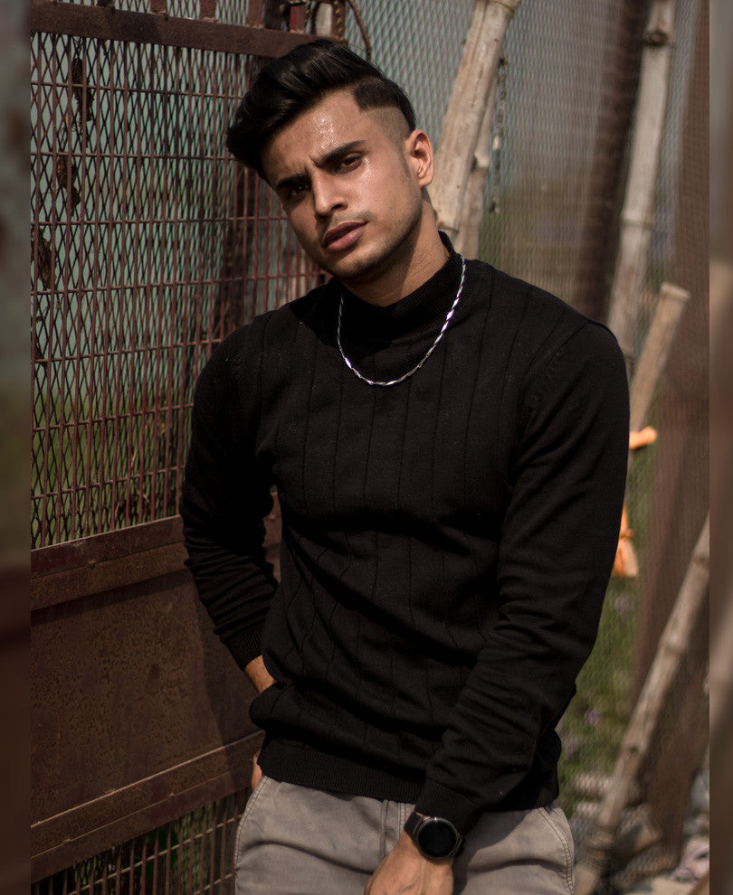 Black Knitted High Neck Full Sleeves T Shirt