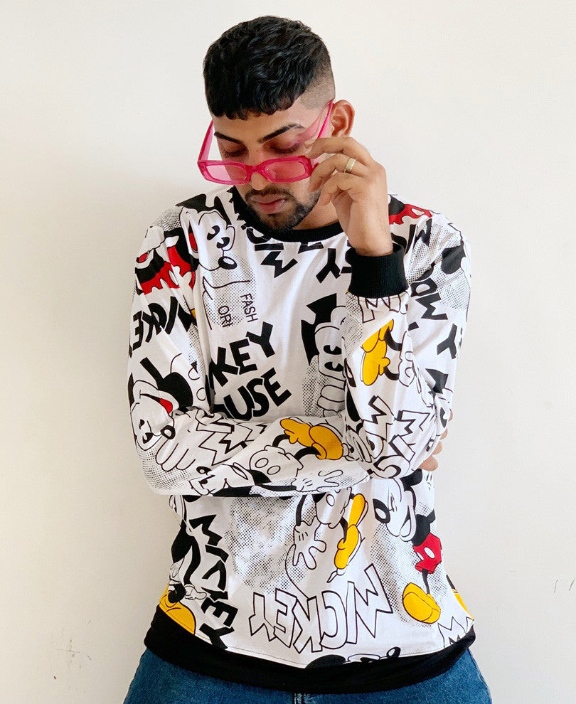 Urban White Mickey Mouse Printed Full Sleeves T Shirt