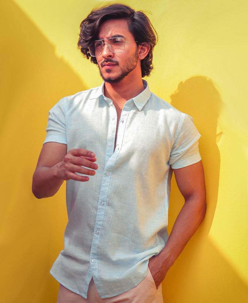 Mens Sky Blue Plain Linen Shirt
