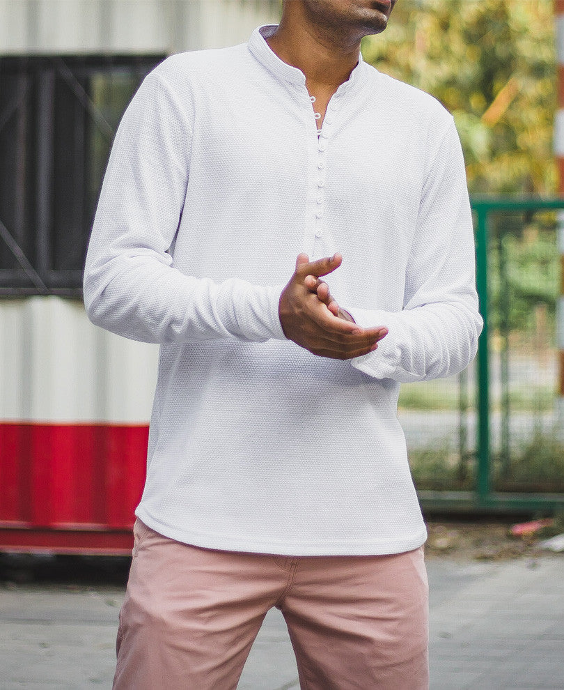 White Kurta Style Full Sleeves T Shirt