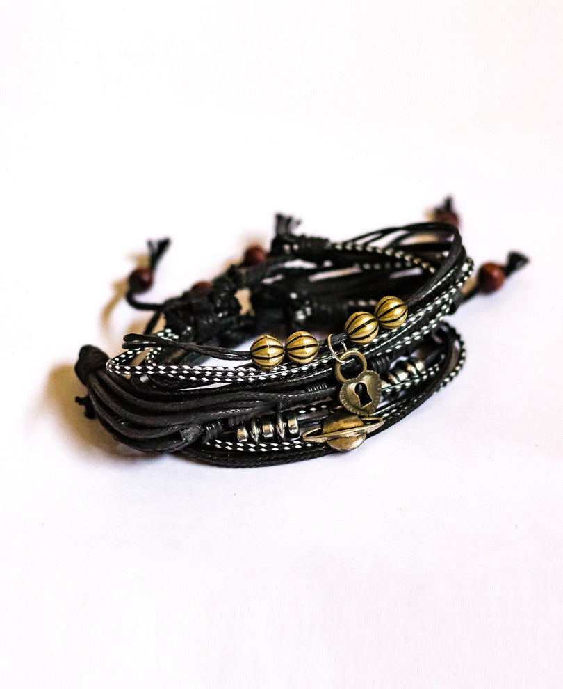 Black With Silver Saturn Mix 3 Wrap Bracelet