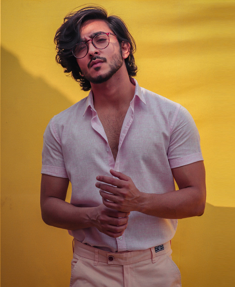 Mens Pink Plain Linen Shirt