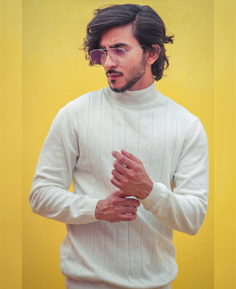 White Knitted High Neck Full Sleeves T Shirt
