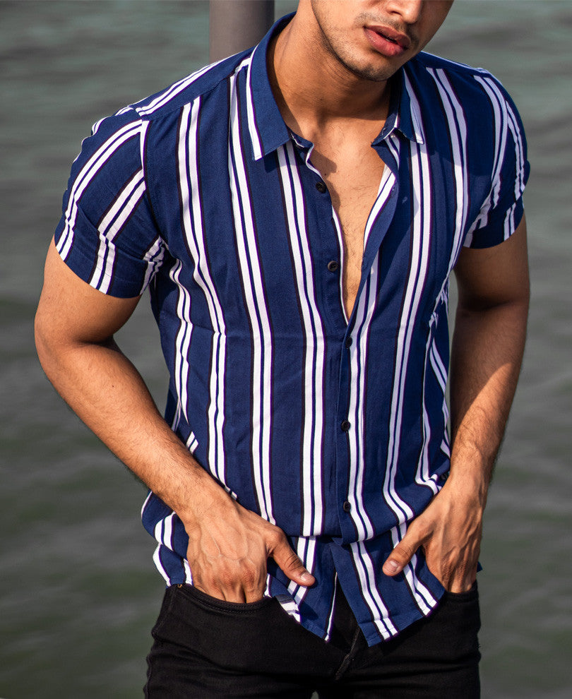 Blue and White Stripes Half Sleeves Shirt