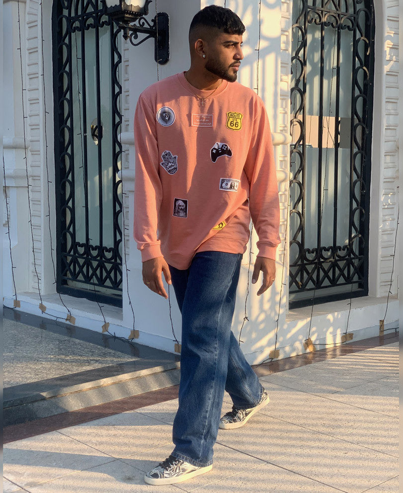 Peach Patched Full Sleeves T Shirt