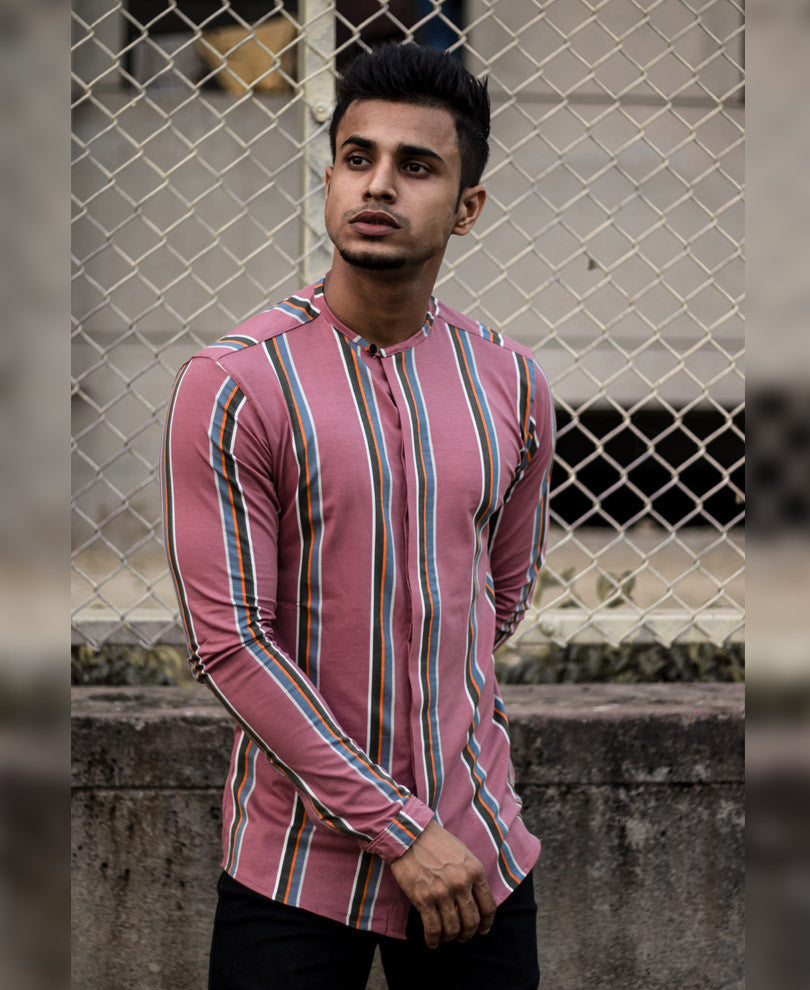 Rusty Pink With Multi Color Stripe Full Sleeves Shirt