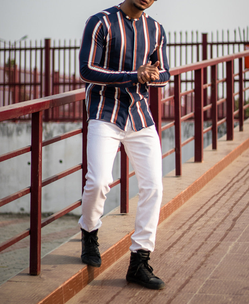 Navy Blue With Multi Color Stripe Full Sleeves Shirt