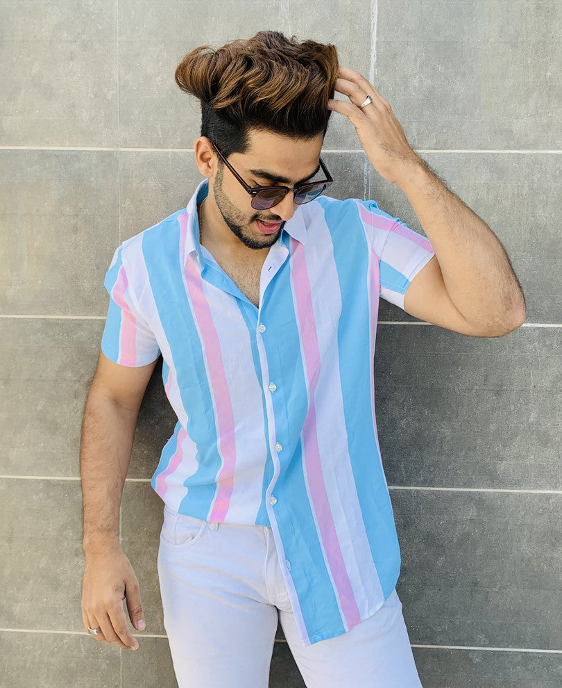 White With Blue Vertical Stripes Half Sleeves Shirt