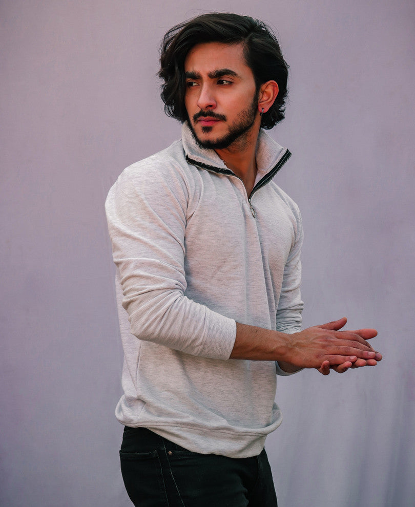 Plain Acro Grey Turtle Neck With Zip Full Sleeves T Shirt