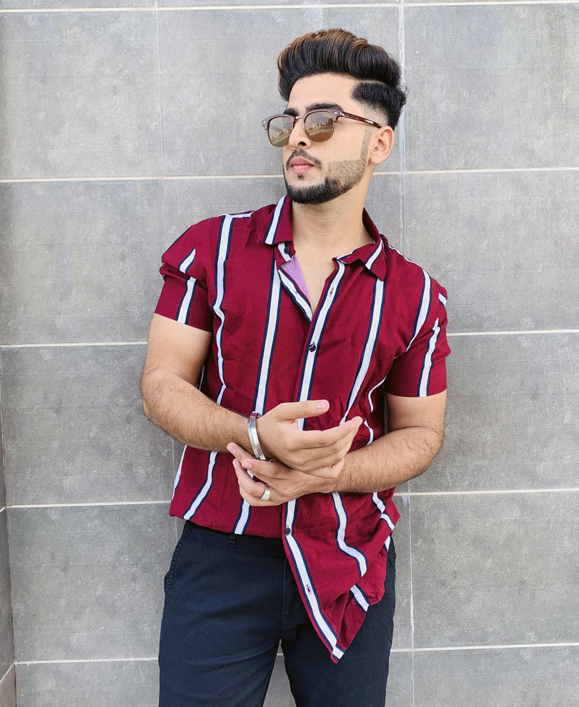 Maroon Multiple Stripes Half Sleeves Shirt