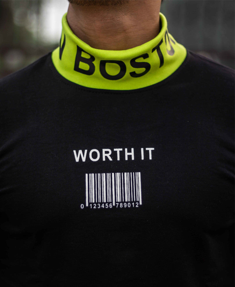 Black Worth It Chest Printed Full Sleeves T Shirt