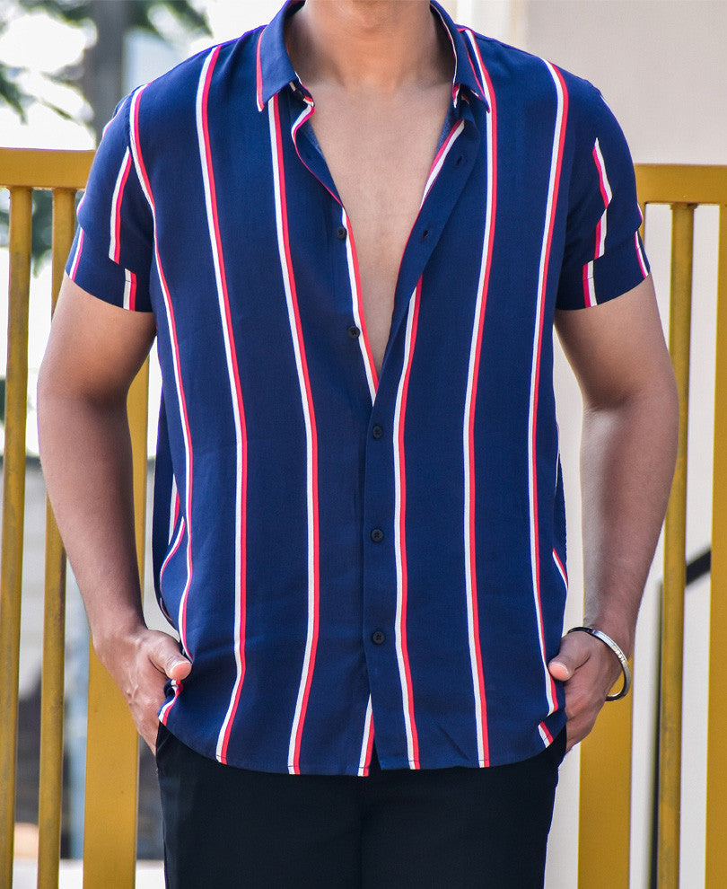 Navy Blue Multiple Stripes Half Sleeves Shirt