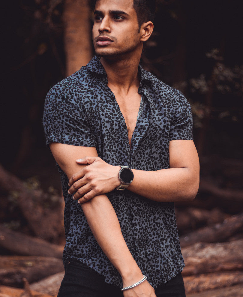 Grey Leopard Print Half Sleeves Shirt