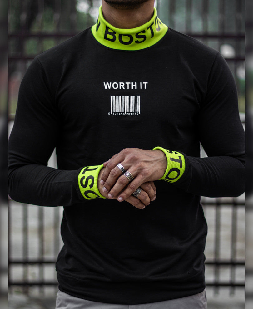 Black Worth It Chest Printed Full Sleeves T Shirt