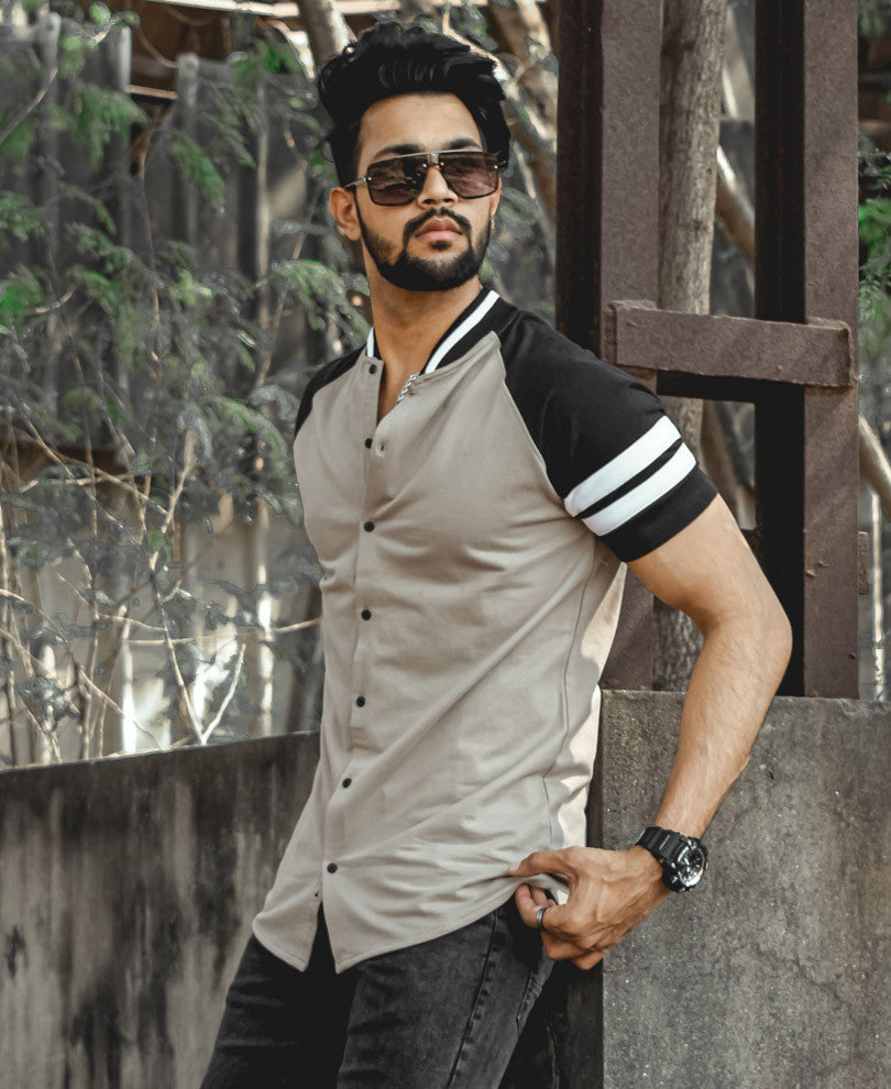 Beige Baseball Button Style Half Sleeves T Shirt
