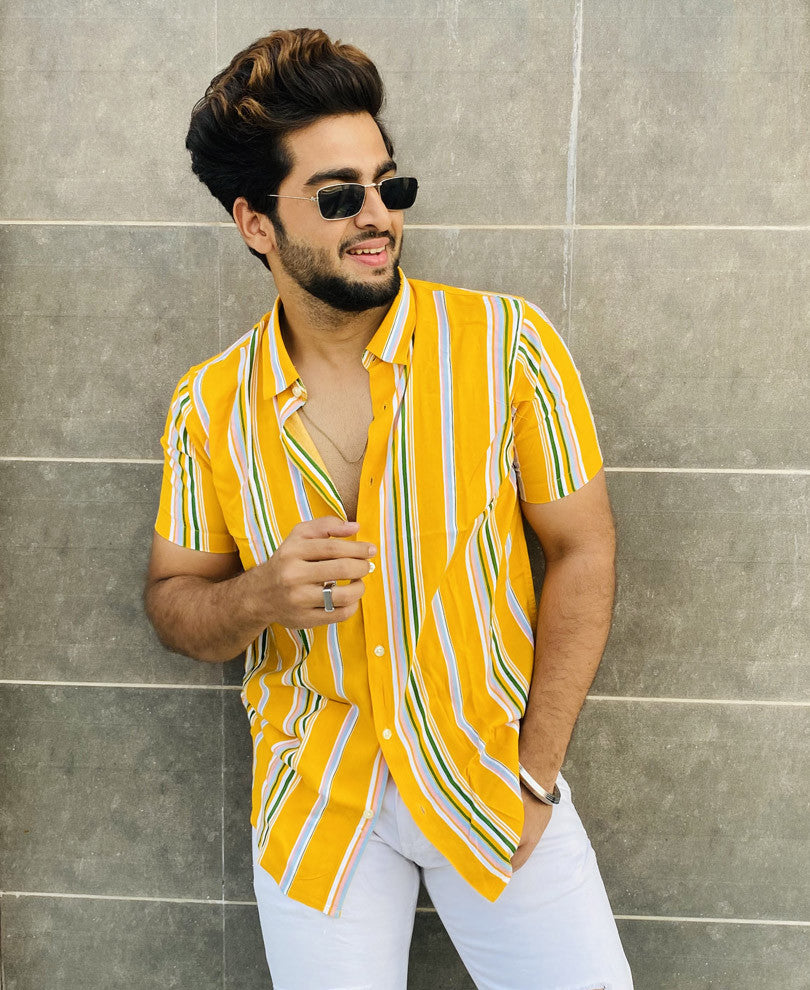 Yellow Vertical Stripes Half Sleeves Shirt