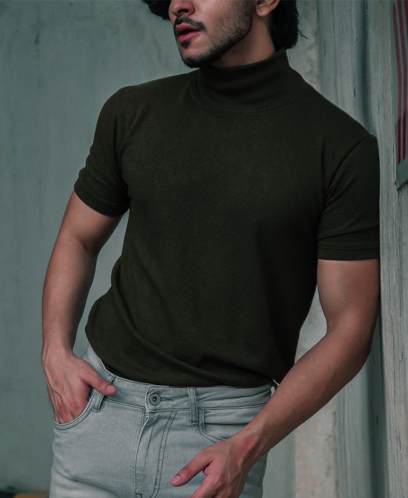 Olive Green Plain Polo Neck Half Sleeves T Shirt