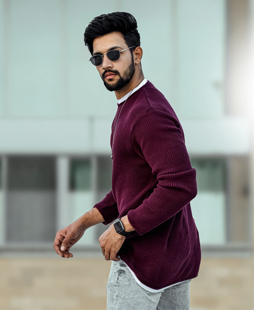 Maroon Knitted Full Sleeves T Shirt