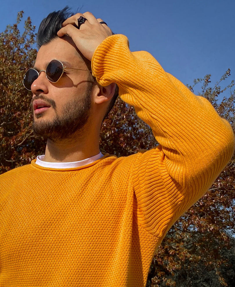 Mustard Knitted Full Sleeves T Shirt