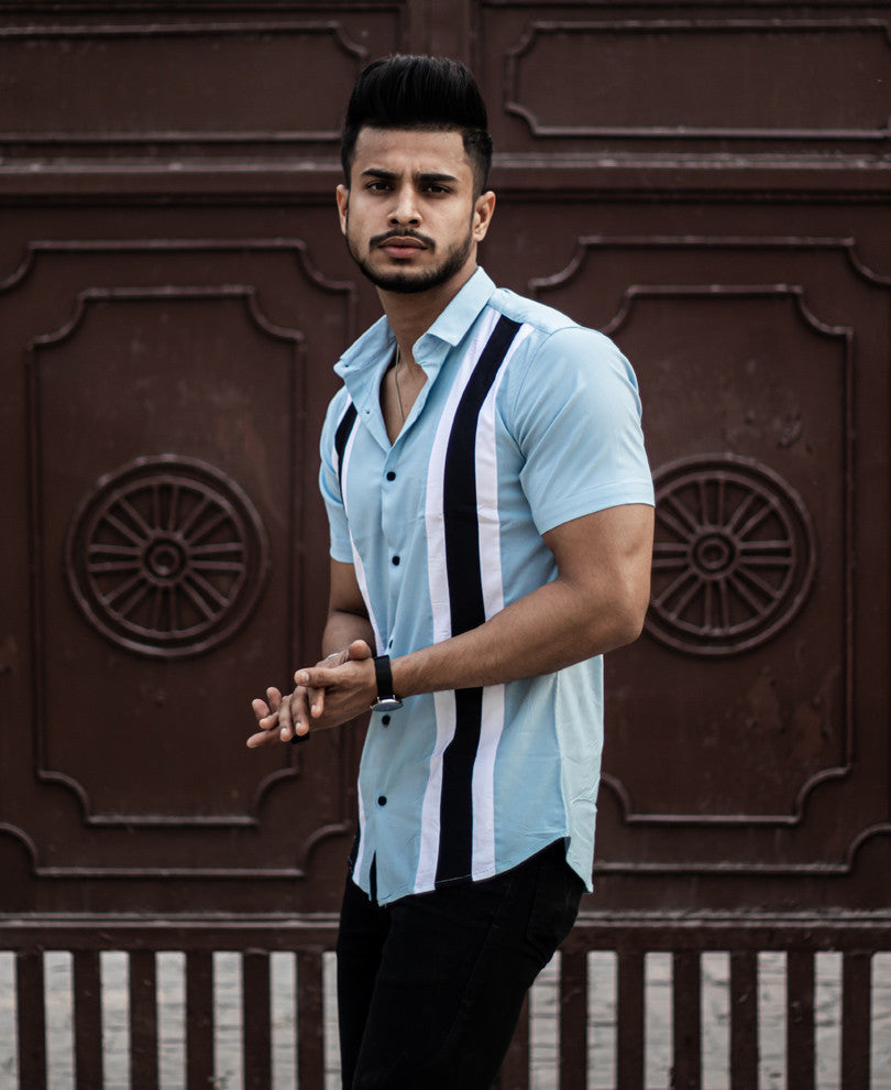 Sky Blue Double Stripe Half Sleeves Shirt