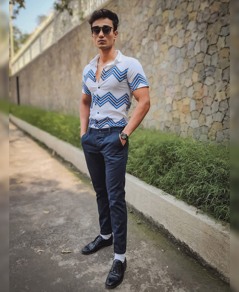 White Zig Zag Printed Half Sleeves Shirt