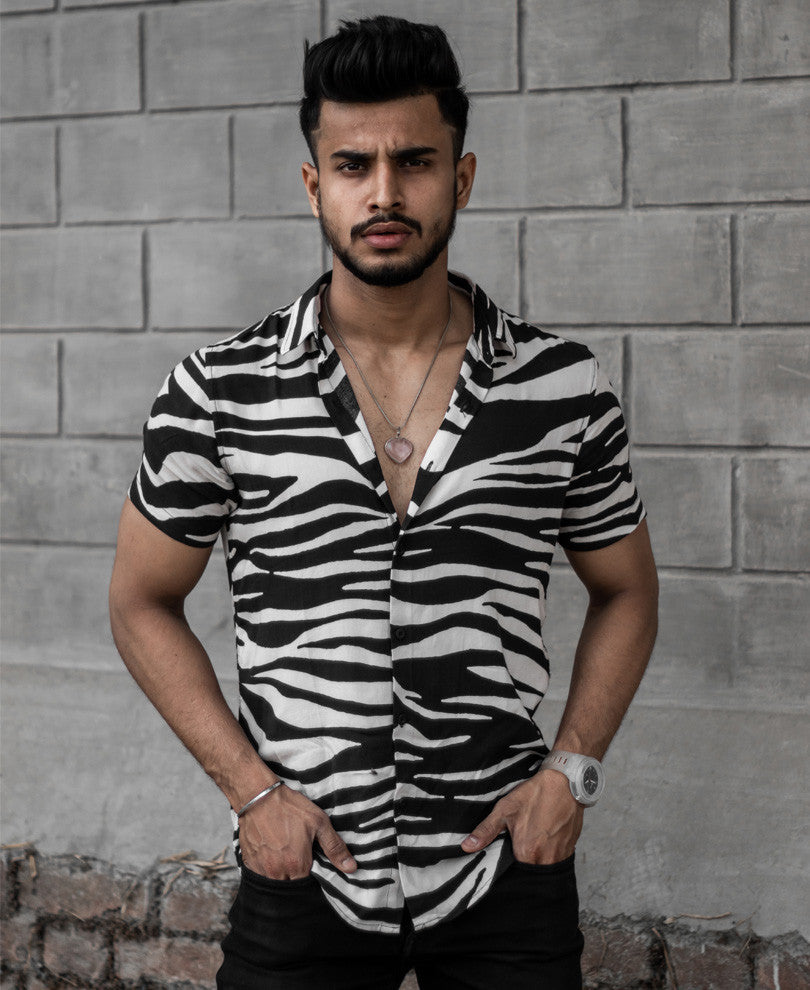 White Zebra Print Half Sleeves Shirt