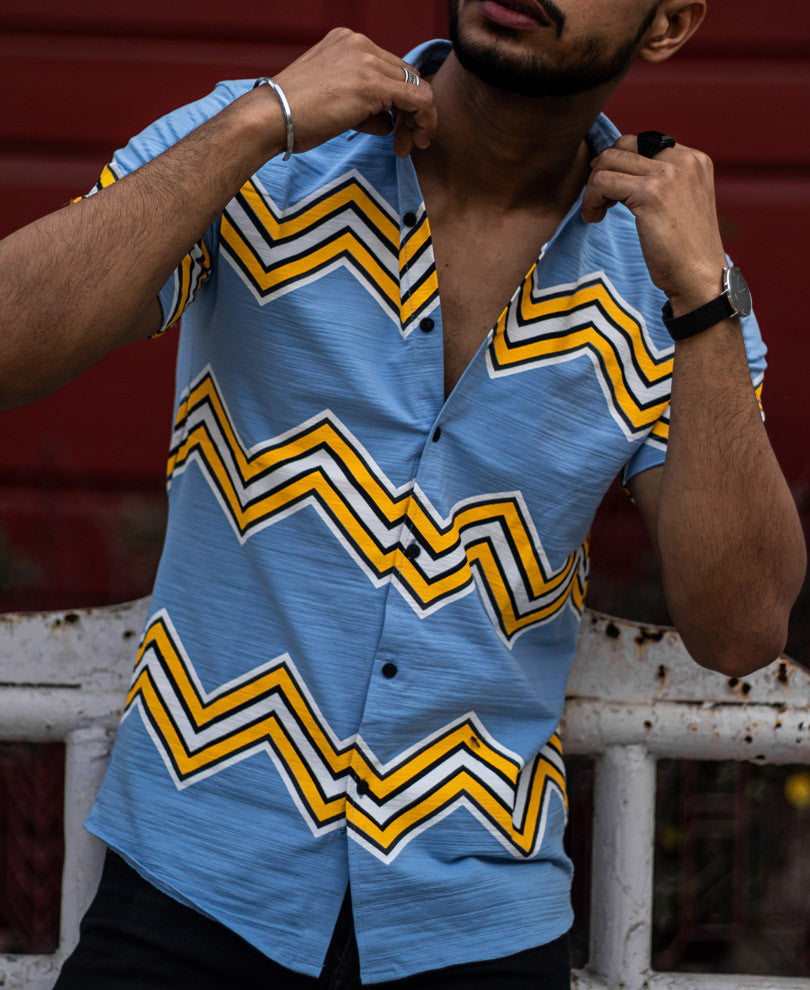 Sky Blue Zig Zag Printed Half Sleeves Shirt